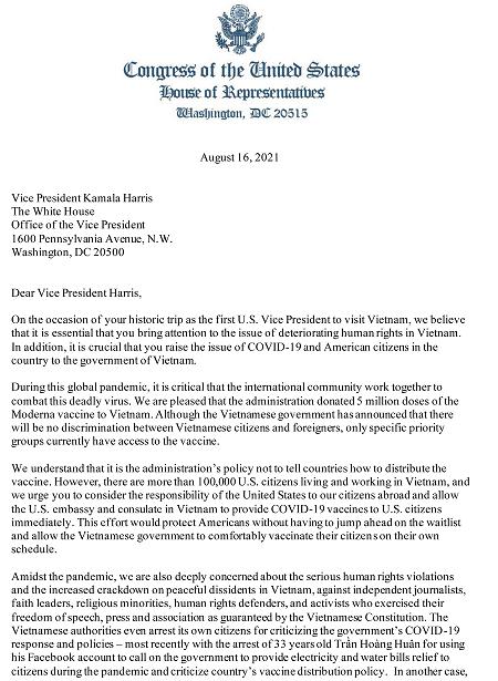 Congress letter to VP Harris on Vietnam Trip 1-1